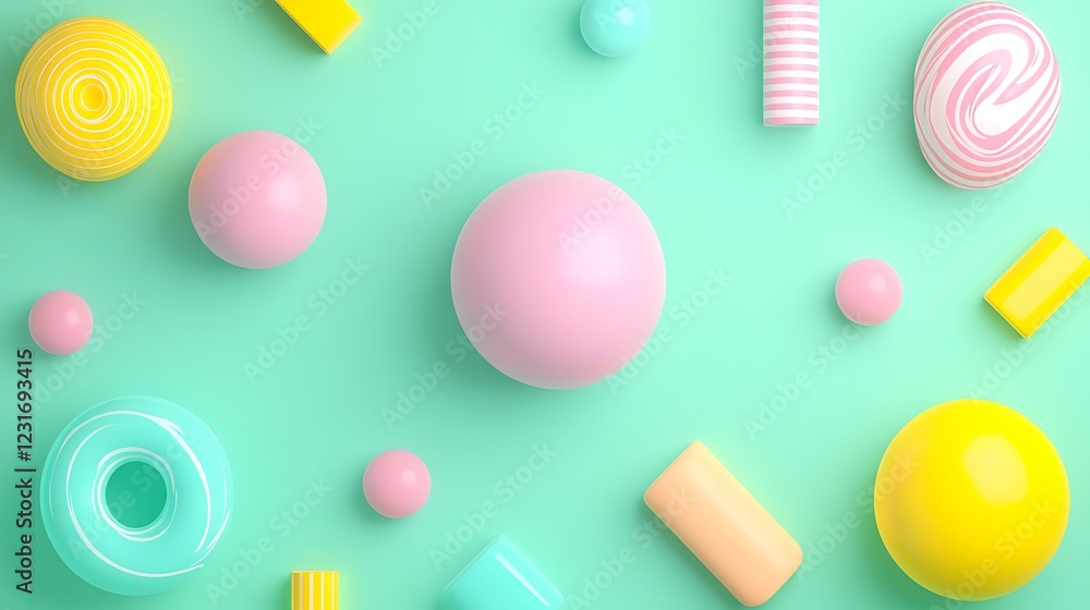 Colorful Geometric Shapes and Patterns on a Vibrant Mint Green Background for Creative Design Projects Colorful Geometric Shapes and Patterns on a Vibrant Mint Green Background for Creative Design Projects