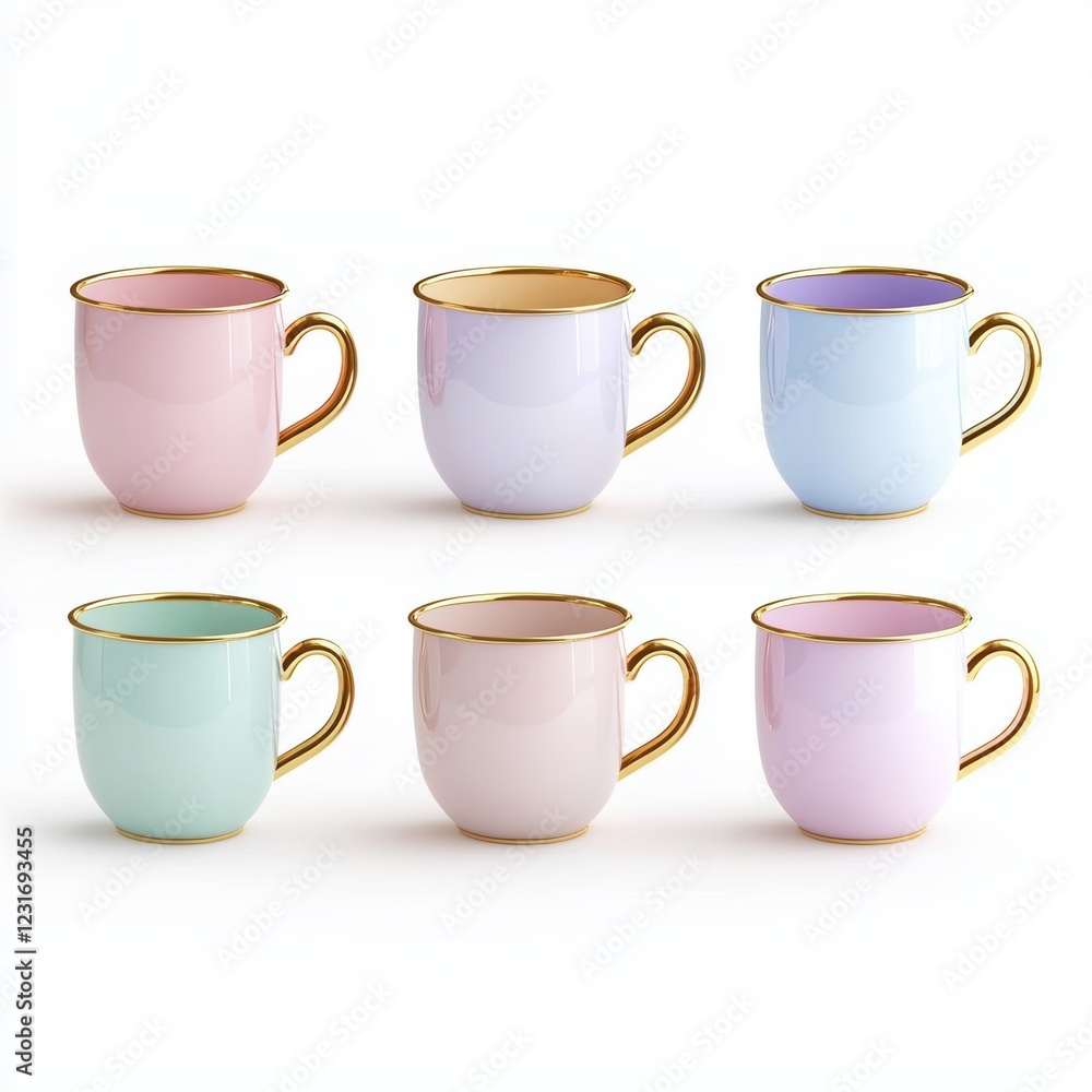 Set of pastel-colored ceramic mugs with gold handles, isolated on a clean white background Set of pastel-colored ceramic mugs with gold handles, isolated on a clean white background