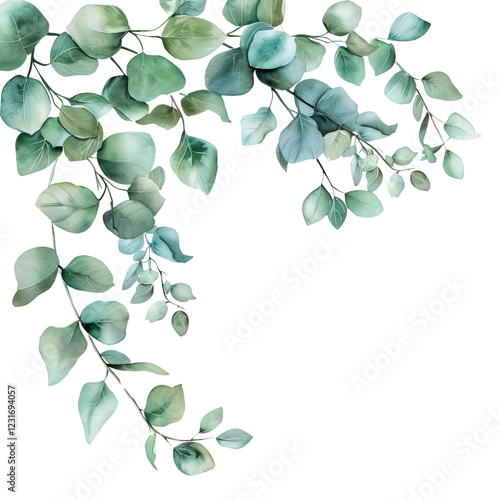 Elegant watercolor eucalyptus leaves arrangement, perfect for wedding invitations, backgrounds, and botanical designs.