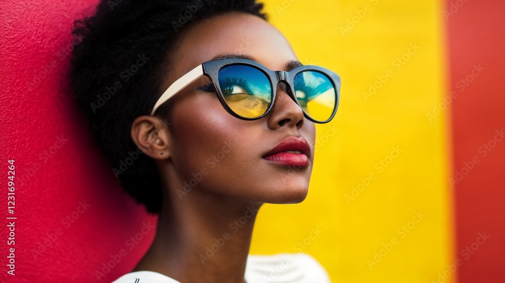 African woman with sunglasses against colorful background. Ideal for fashion editorial and modern style content. African woman with sunglasses against colorful background. Ideal for fashion editorial and modern style content.