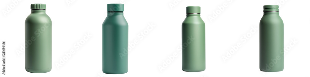 Group of contemporary reusable green metal water bottles displayed in a minimalist studio setup on a plain white background The image showcases the sustainable Group of contemporary reusable green metal water bottles displayed in a minimalist studio setup on a plain white background The image showcases the sustainable