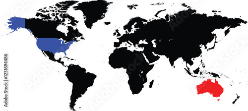 Australia and United States maps on a global map vector