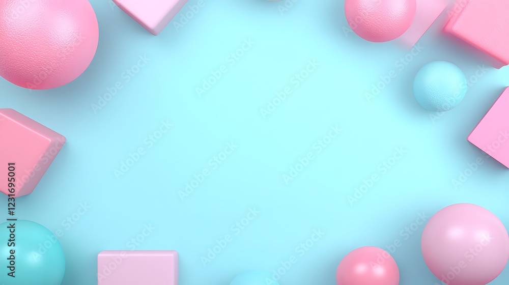 Colorful geometric shapes and soft spheres on a vibrant blue background for creative design projects Colorful geometric shapes and soft spheres on a vibrant blue background for creative design projects