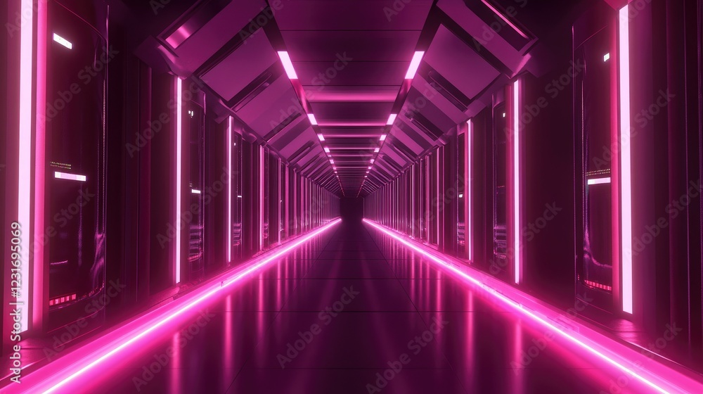 Futuristic design of a server farm with glowing pathways and symmetrical rows, no people, copy space Futuristic design of a server farm with glowing pathways and symmetrical rows, no people, copy space
