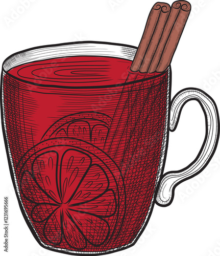 Mug glass of hot mulled wine or tea with cinnamon sticks and orange vector colored sketch style drawing. Line art of festive hand-drawn Christmas punch. For menu and bar.