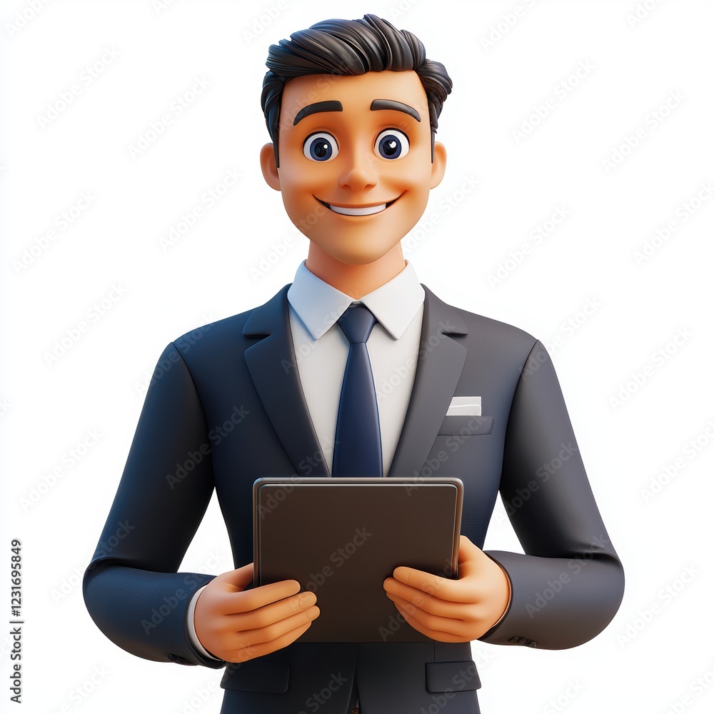 Smiling businessman in a suit holding a tablet, isolated on a clean white background Smiling businessman in a suit holding a tablet, isolated on a clean white background