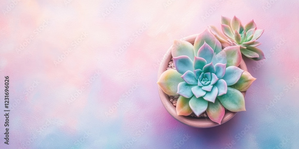 Obraz premium Succulent plants arrangement on pastel colored background. Potted succulent house plants. Flat lay, top view, copy space