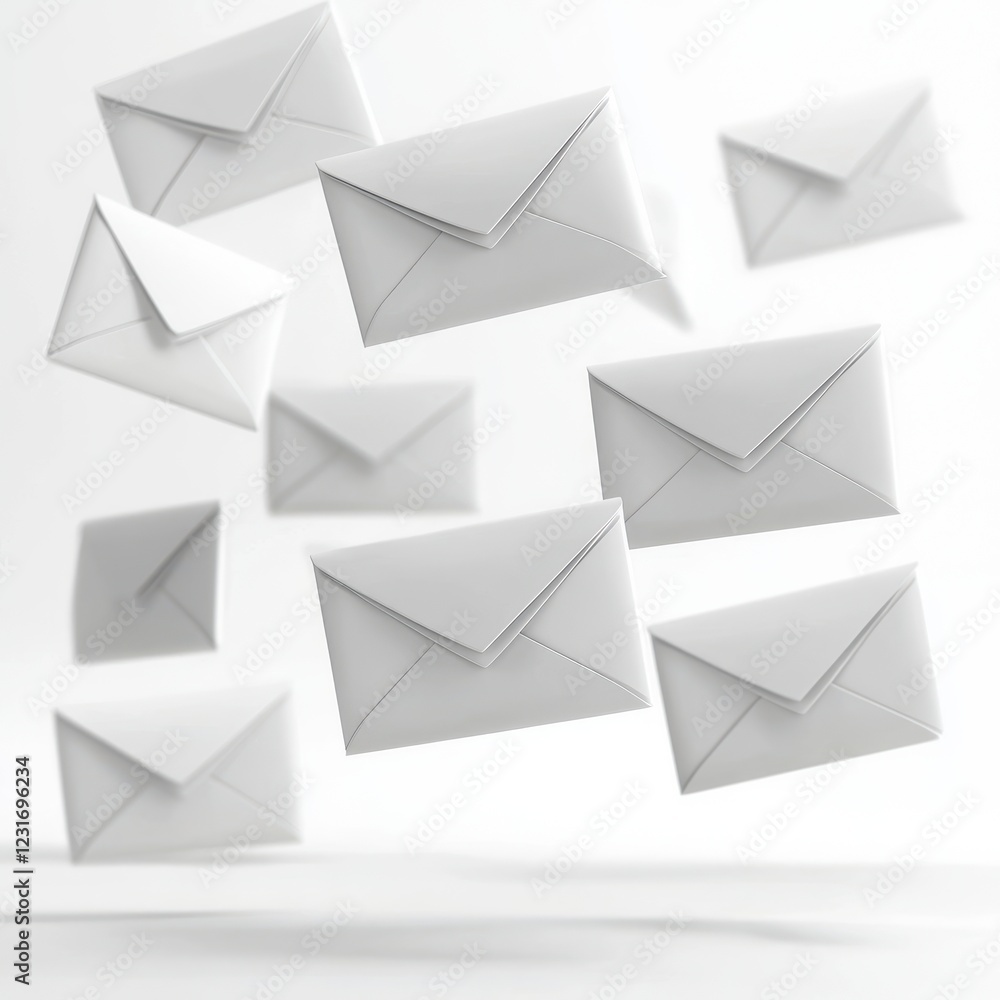 White Envelopes Floating in the Air on a Light Background White Envelopes Floating in the Air on a Light Background