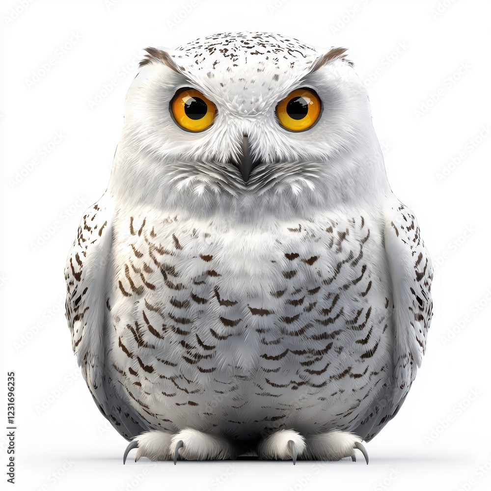 Snowy owl with bright yellow eyes staring forward, isolated on a clean white background Snowy owl with bright yellow eyes staring forward, isolated on a clean white background