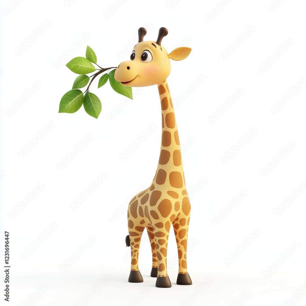 Fototapeta premium Giraffe with a long neck reaching for leaves, isolated on a clean white background