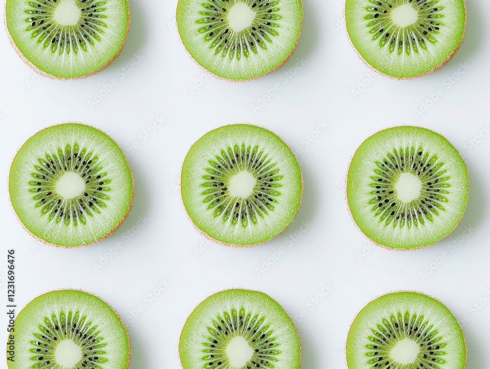Fototapeta premium Fresh Kiwi Slices Arranged in a Symmetrical Pattern on White Background