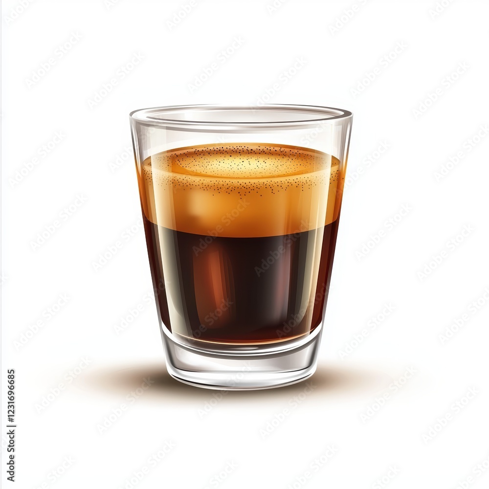 Glass cup of freshly brewed espresso with a rich crema on top, placed on a bright white background Glass cup of freshly brewed espresso with a rich crema on top, placed on a bright white background