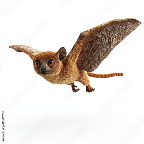 Sunda Colugo, also known as a flying lemur, gliding through the air, placed on a bright white background photo