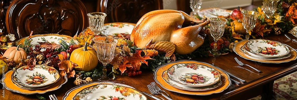 Thanksgiving Dinner Gathering elegant table setting with autumn-themed plates, turkey, and fall decorations  3:1 --no noise white background - Image #2 @jouni