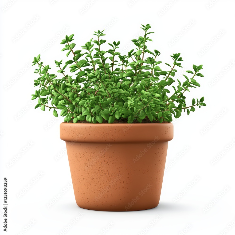 Thyme plant in a clay pot with fragrant leaves, placed on a bright white background