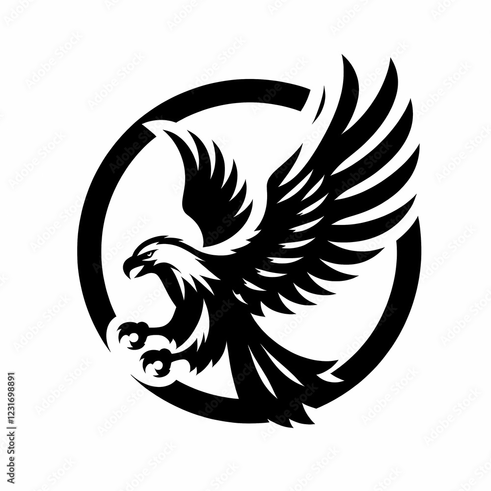 Fototapeta premium Majestic eagle silhouette in mid-flight, framed within a bold circular design