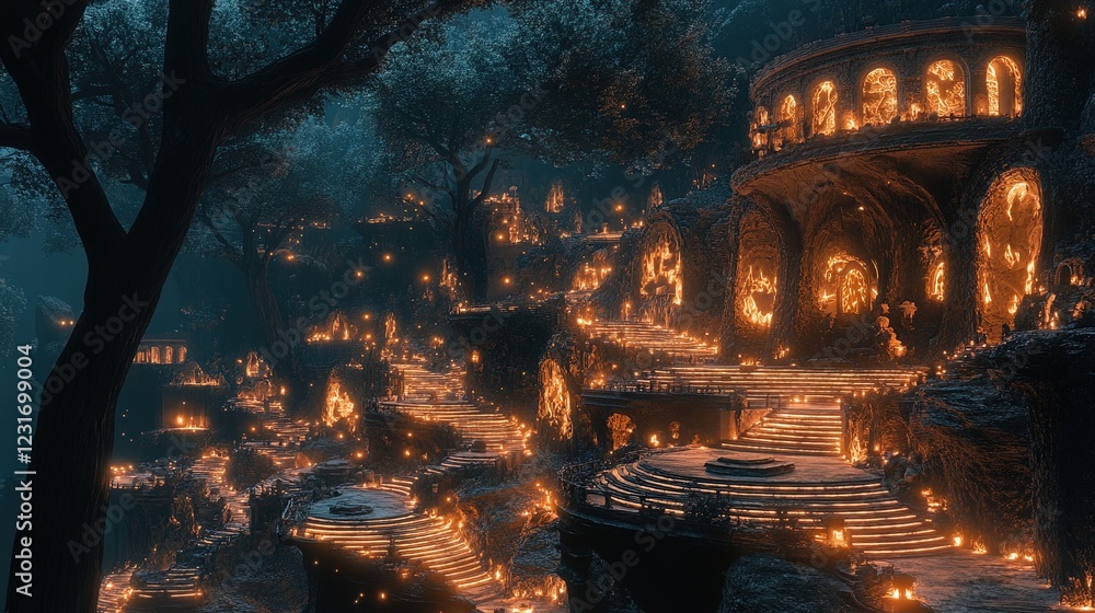 A radiant fantasy amphitheater carved into glowing cliffs with a surreal backdrop