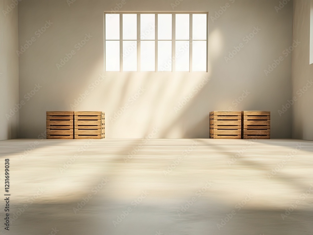 Fototapeta premium A minimalist interior featuring wooden crates and sunlight streaming through large windows, creating a serene atmosphere.