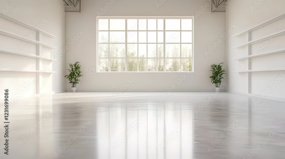 Fototapeta premium A bright, minimalist room featuring large windows, white walls, and wooden shelves, complemented by indoor plants for a refreshing touch.