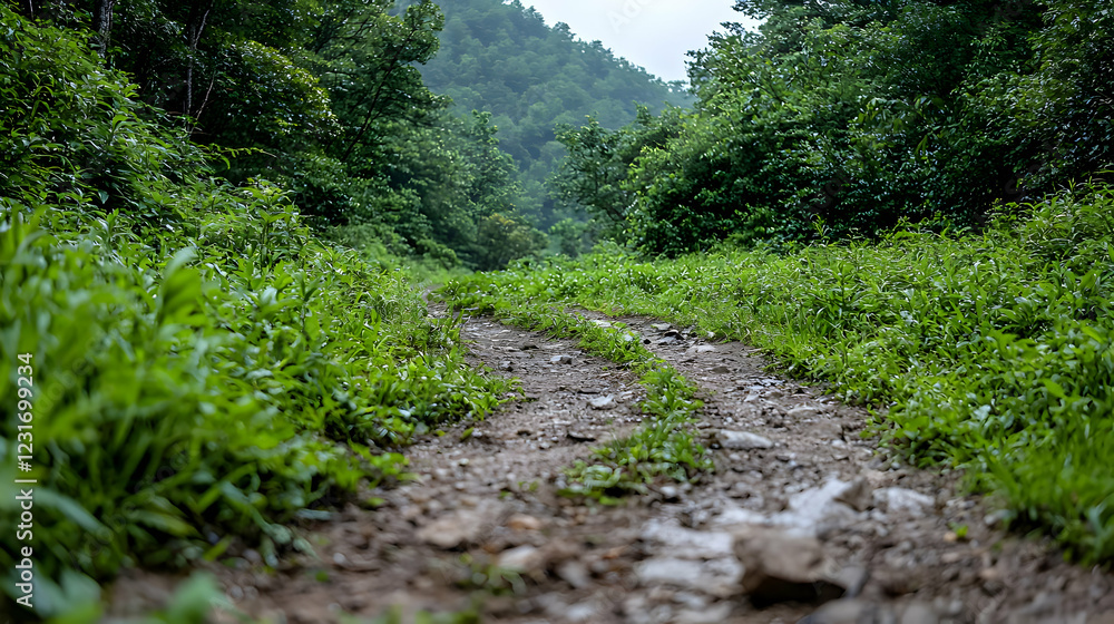 Mountain trail path through lush green forest Mountain trail path through lush green forest