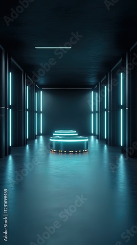 Futuristic storage facility with neon lighting urban setting digital environment high-tech design compressed space concept photo