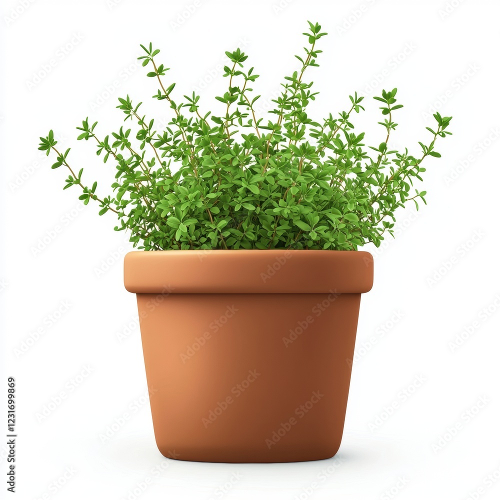 Thyme plant in a clay pot with fragrant leaves, placed on a bright white background Thyme plant in a clay pot with fragrant leaves, placed on a bright white background