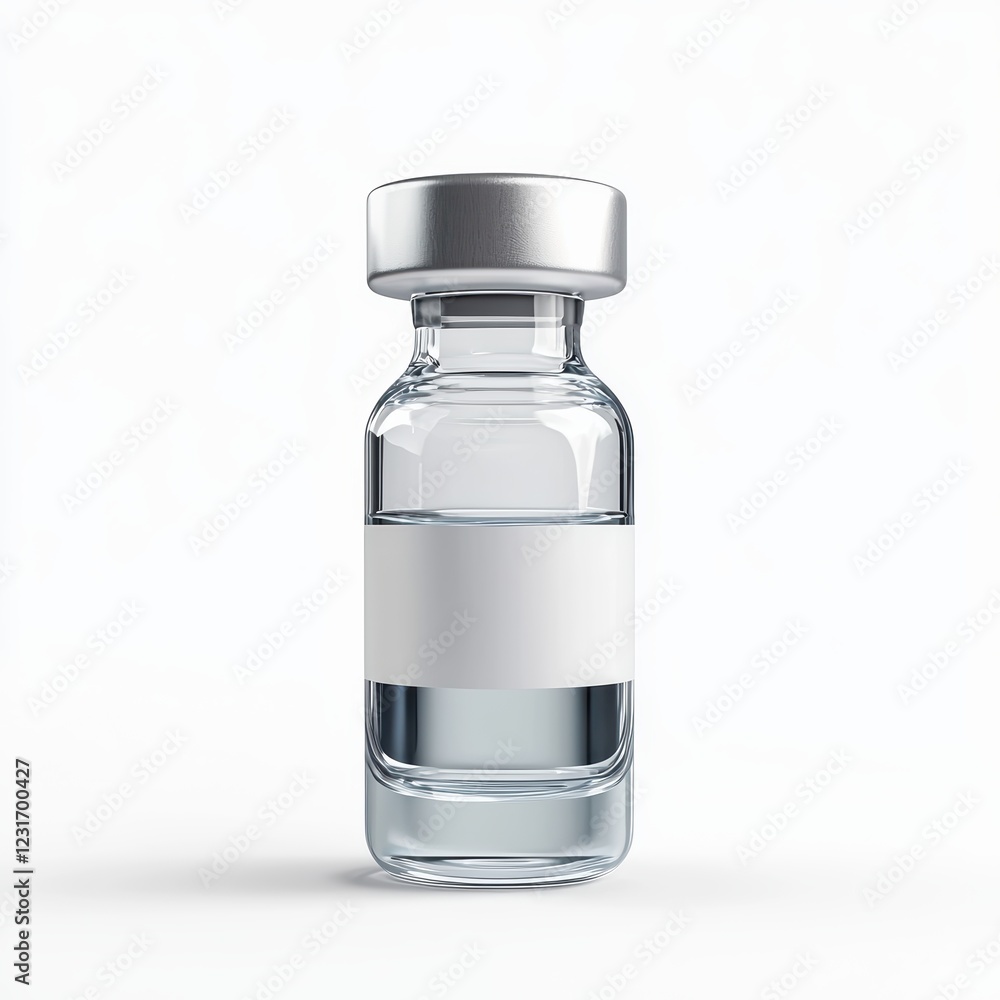 vaccine vial with clear liquid and a medical label, centered on a clean white background vaccine vial with clear liquid and a medical label, centered on a clean white background