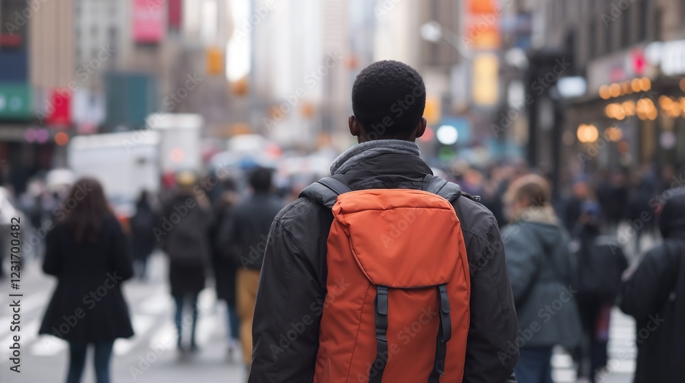 Person with backpack in urban crowd. Ideal for city life and social movement content. Person with backpack in urban crowd. Ideal for city life and social movement content.