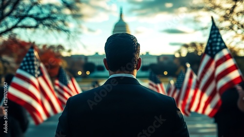 Back view of American impersonal politic or future possible president standing in front of people holding American flags near an American government office. photo