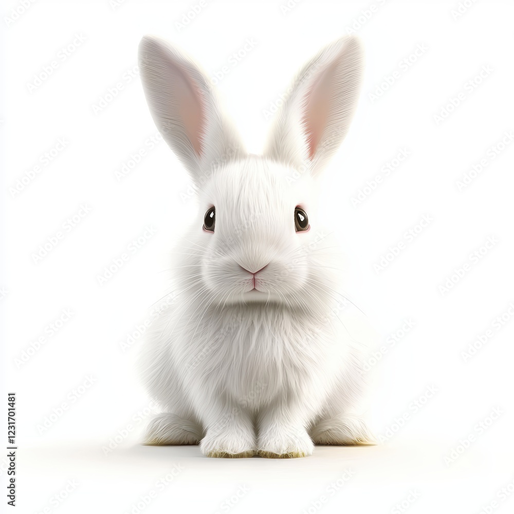 White fluffy rabbit with big ears, placed on a bright white background White fluffy rabbit with big ears, placed on a bright white background