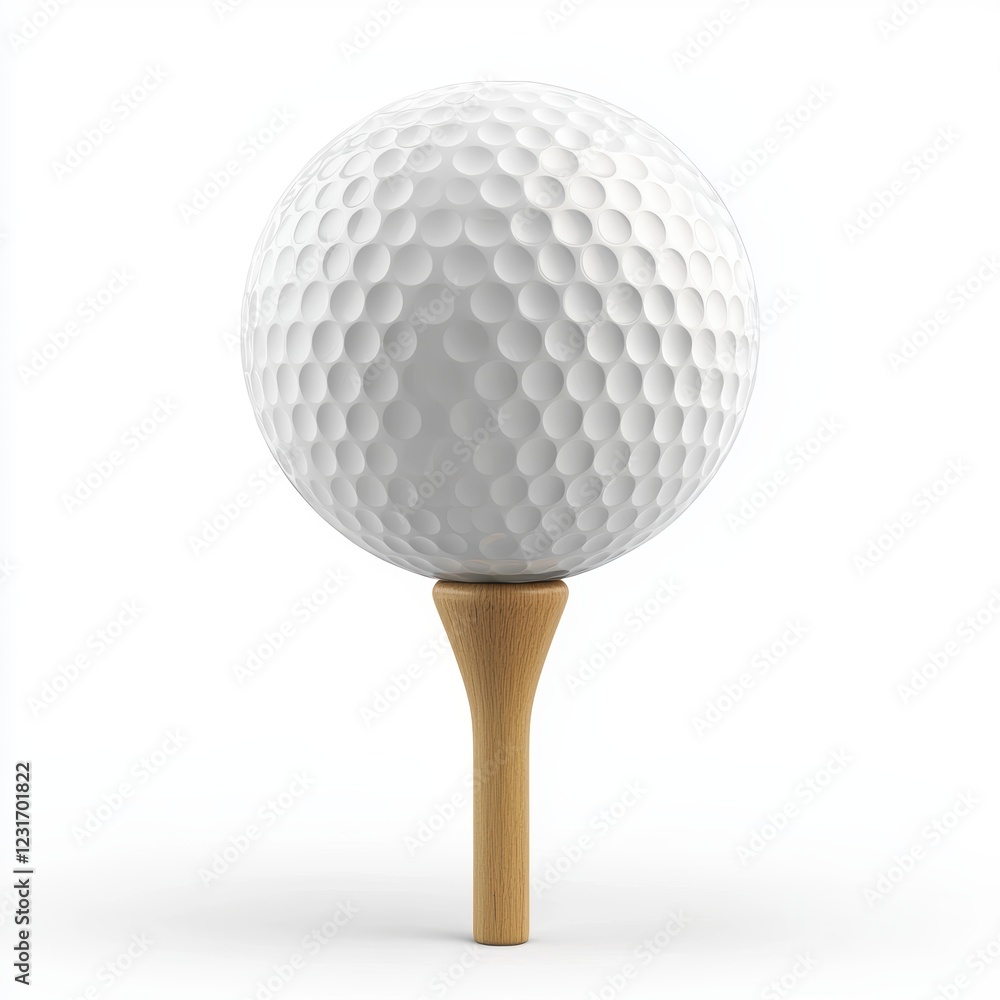 Golf ball resting on a wooden tee, ready for a swing, placed on a bright white background Golf ball resting on a wooden tee, ready for a swing, placed on a bright white background