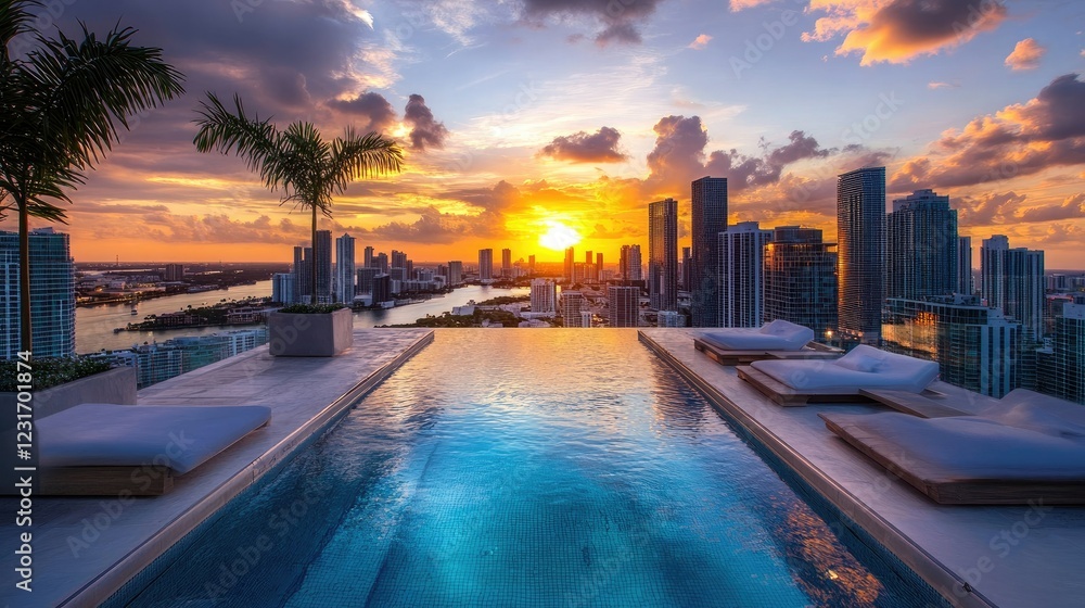 Obraz premium Rooftop swimming pool with panoramic city skyline views at sunset, surrounded by modern decor