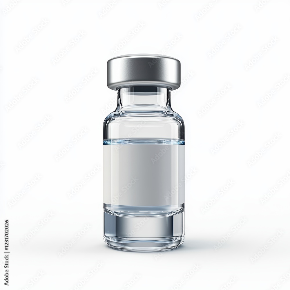 vaccine vial with clear liquid and a medical label, centered on a clean white background vaccine vial with clear liquid and a medical label, centered on a clean white background