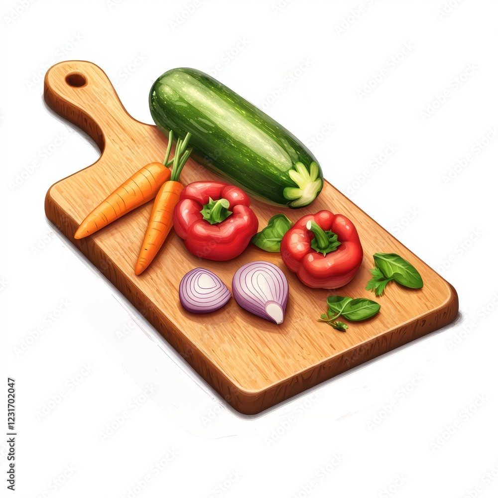 Wooden cutting board with fresh vegetables on top, placed on a bright white background Wooden cutting board with fresh vegetables on top, placed on a bright white background