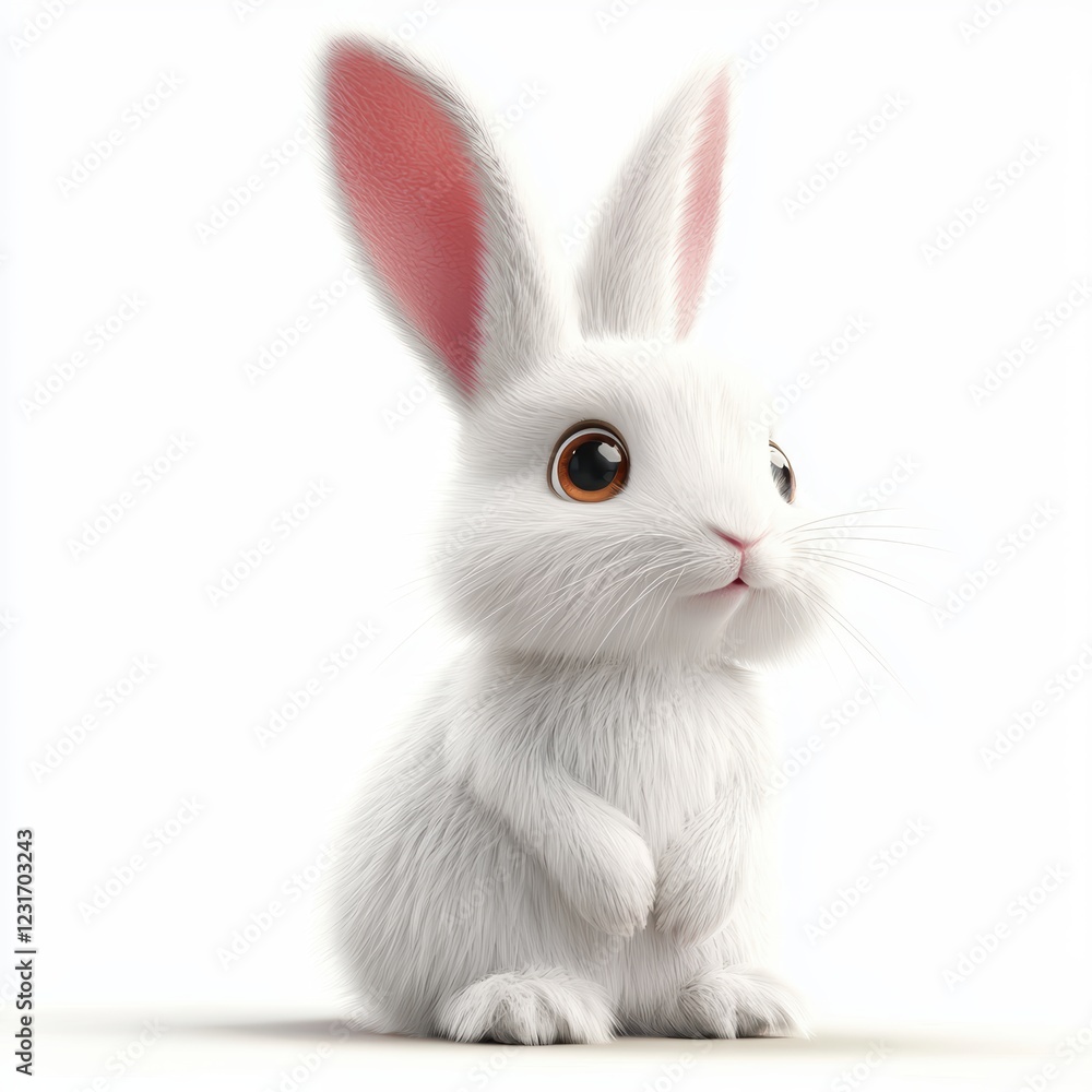 White fluffy rabbit with big ears, placed on a bright white background White fluffy rabbit with big ears, placed on a bright white background