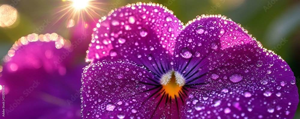 A detailed close-up of a bright purple pansy adorned with dew droplets sparkling in sunlight. A detailed close-up of a bright purple pansy adorned with dew droplets sparkling in sunlight.