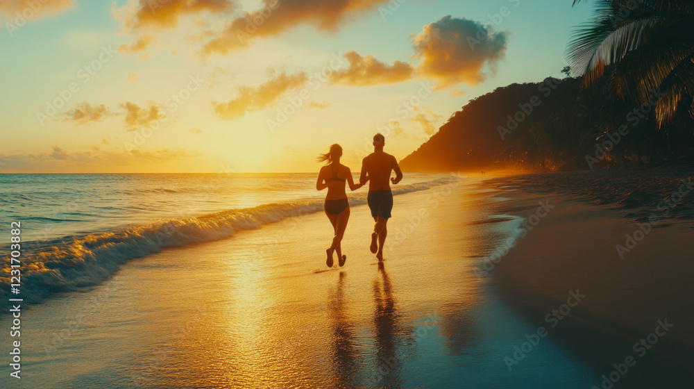 Fototapeta premium Couple Running on Beach at Sunset