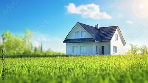 Wallpaper Mural A charming modern house sits on a lush green lawn, basking in the sunlight under a bright blue sky. This serene setting invites relaxation and comfort. Torontodigital.ca