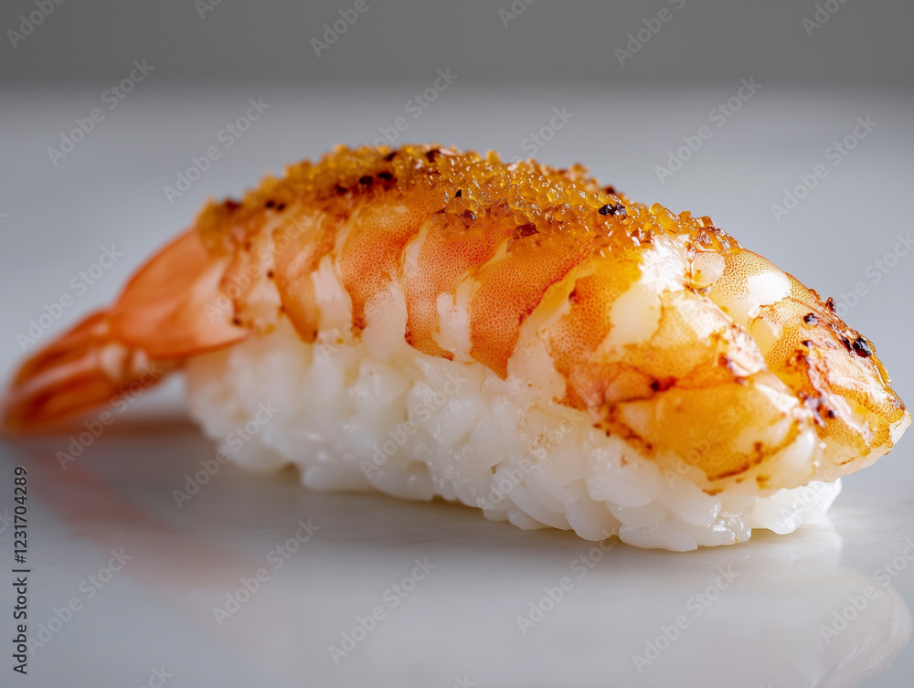 High-quality sushi nigiri with shrimp, showcasing textures and isolated on white background. High-quality sushi nigiri with shrimp, showcasing textures and isolated on white background.