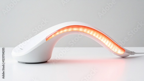 Red light therapy device on white table, illuminated, modern studio photo