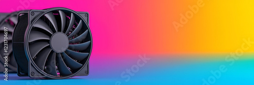 A wide f-stop photograph where the front fan is crisp and detailed, while the background fans fade into colorful bokeh from their LED lighting,