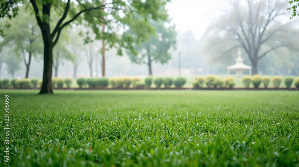 Obraz premium Lush green grass growing in a peaceful city park on a foggy morning