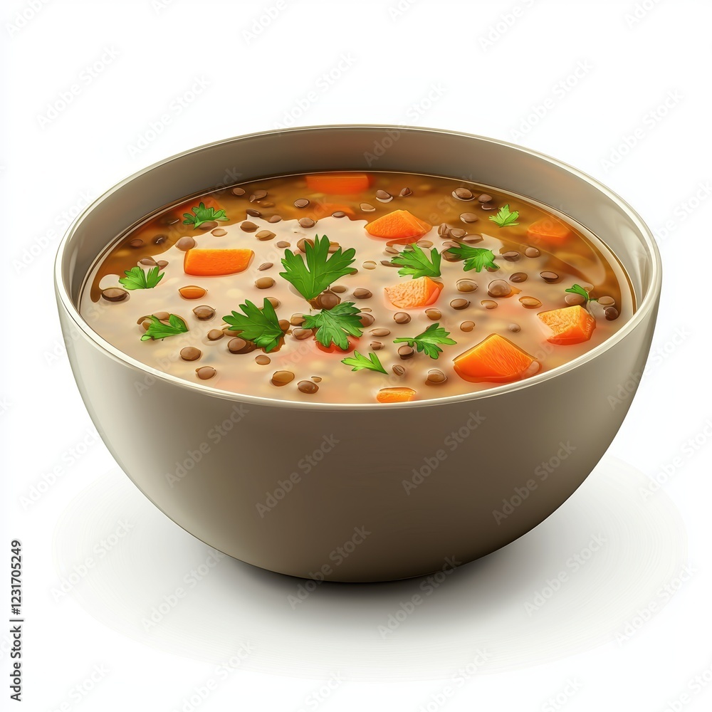 Hearty lentil soup with carrots and parsley in a deep bowl, isolated on a clean white background Hearty lentil soup with carrots and parsley in a deep bowl, isolated on a clean white background