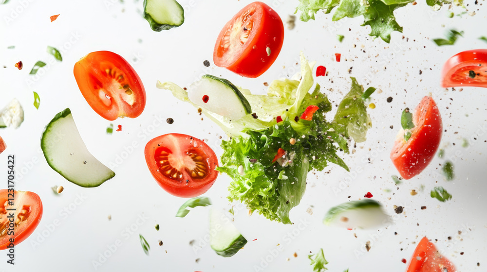 Fresh Salad Ingredients in Mid-Air Splash Fresh Salad Ingredients in Mid-Air Splash