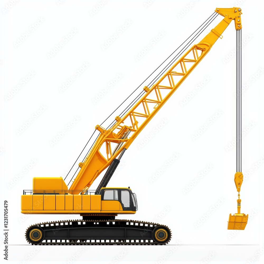 Heavy-duty crawler crane with tracks and a long boom, placed on a bright white background