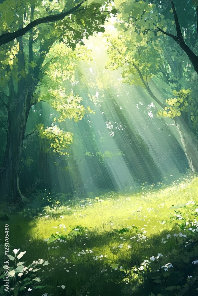 Fototapeta premium Sunlit Forest Meadow - A Peaceful Nature Scene