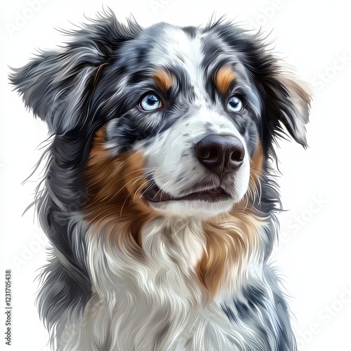 Australian Shepherd with a blue merle coat and bright eyes, isolated on a clean white background