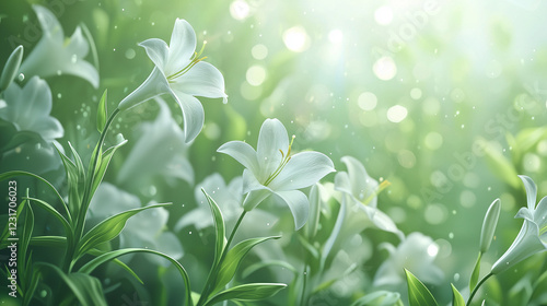 Wallpaper Mural A dreamy garden of white Easter lilies in full bloom, set against a soft bokeh background. The vibrant green stems and delicate petals contrast with the glowing light, evoking peace and renewal. Torontodigital.ca