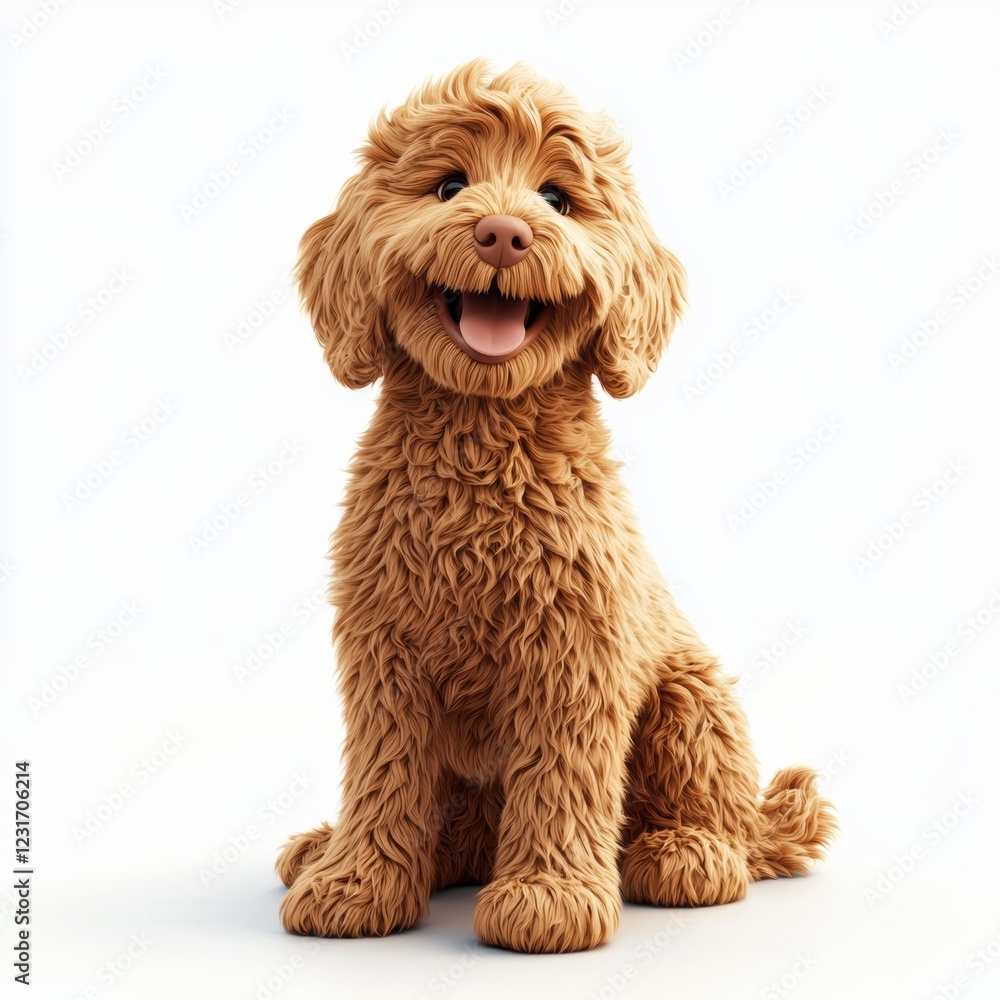 Realistic 3D icon of a Fluffy golden doodle dog sitting happily with a wagging tail, centered on a clean white background Realistic 3D icon of a Fluffy golden doodle dog sitting happily with a wagging tail, centered on a clean white background