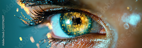 A futuristic concept shot of an eye under dramatic lighting, with partial reflection of alphanumeric code in bold blue and warm yellow, photo